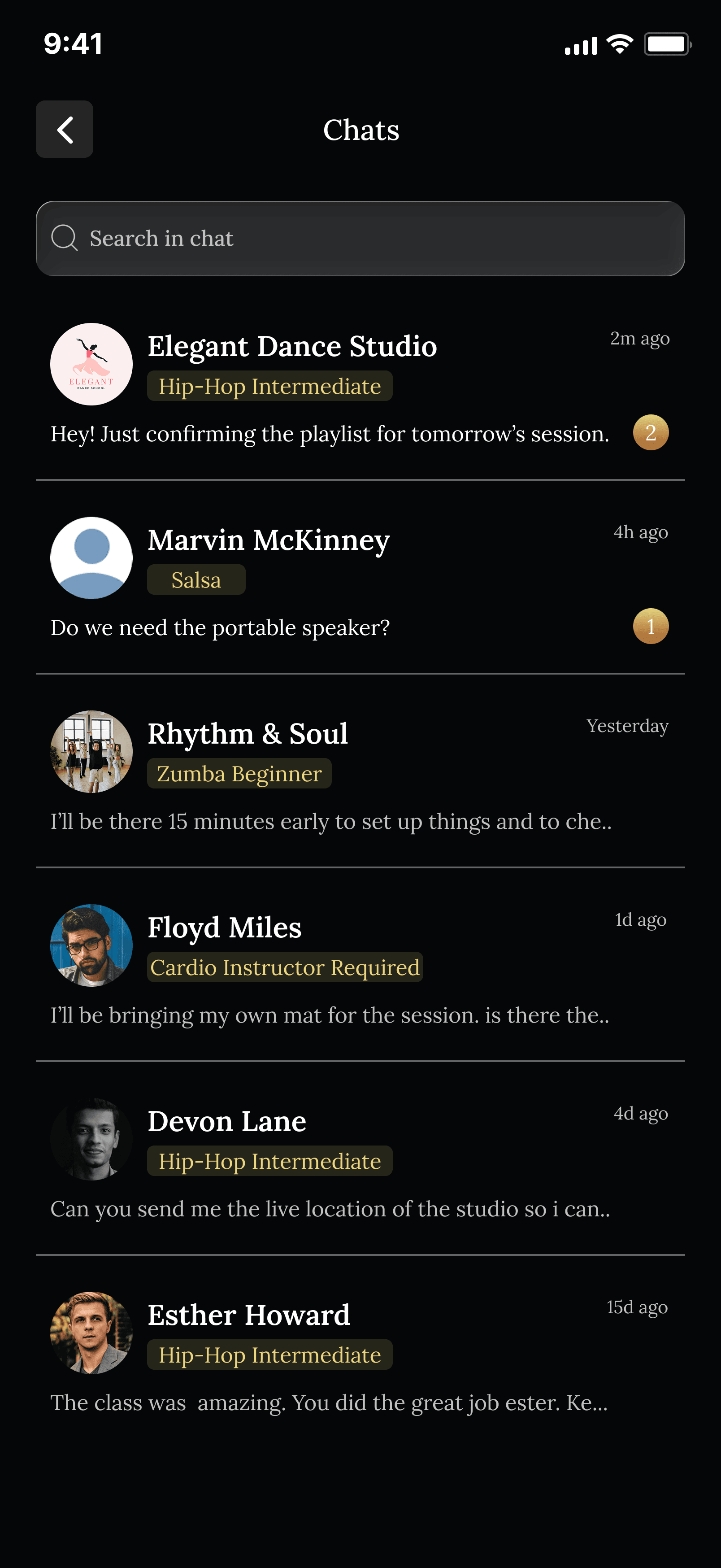 FlowDance messaging screen